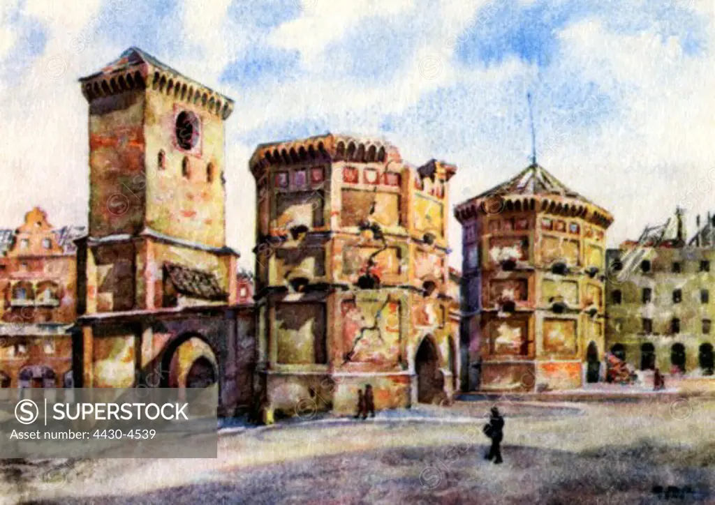 Germany Munich postwar period buildings gates Isartor (Isar Gate) exterior view destroyed: 1943 1944 print after watercolour by Gebhard Reitz 1946 ARTIST'S COPYRIGHT MUST ALSO BE CLEARED,