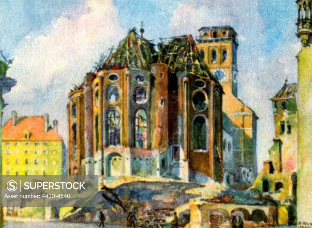 Germany Munich postwar period churches St. Peter-s Church Choir exterior view destroyed: 1944 print after watercolour by Gebhard Reitz 1945 ARTIST'S COPYRIGHT MUST ALSO BE CLEARED,