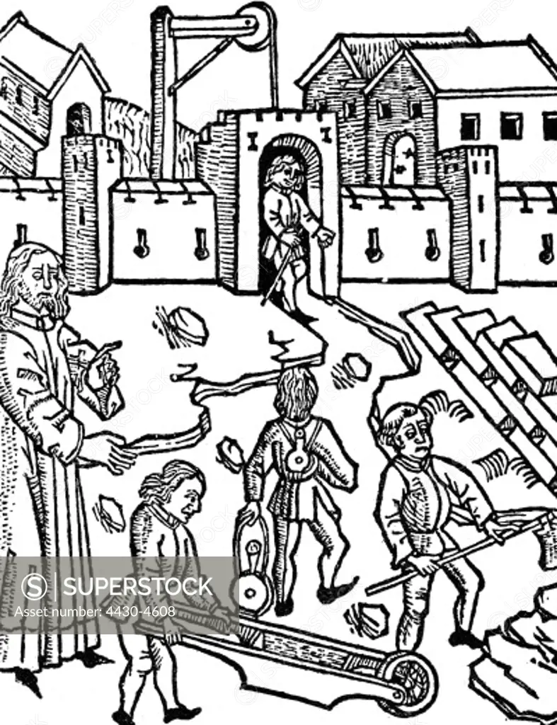 architecture construction architect and workers woodcut Luebeck 1475,