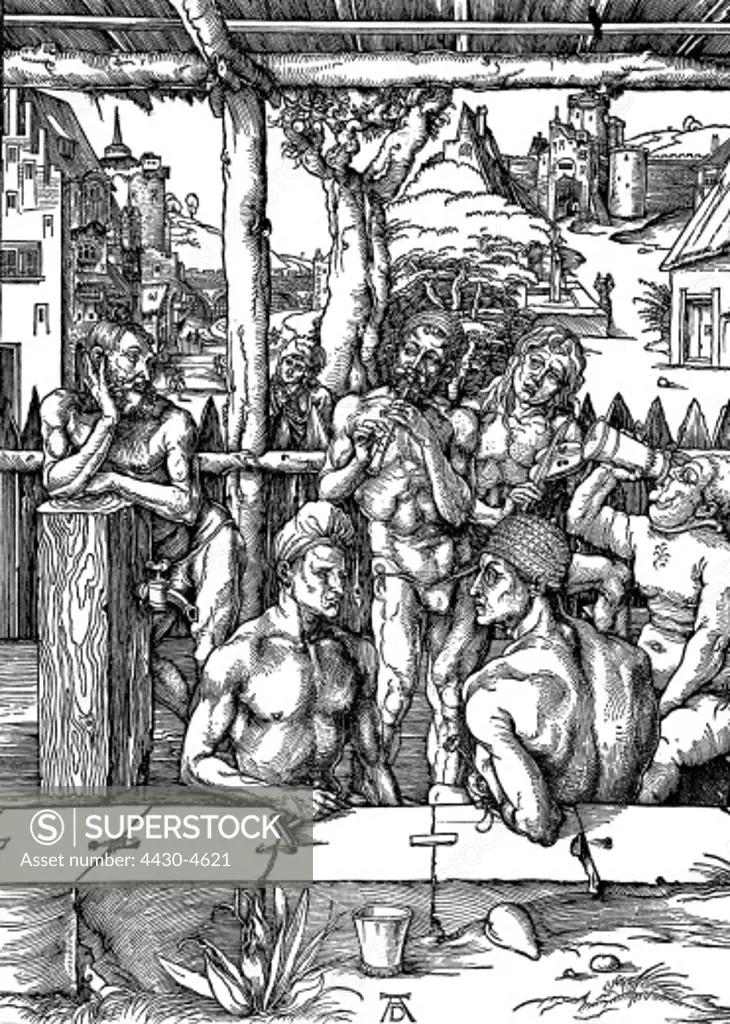 bathing baths men's bath woodcut by Albrecht D»rer 1497 renaissance,