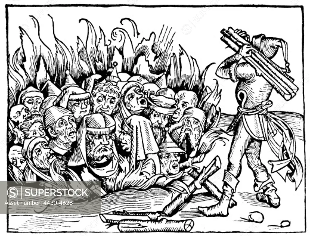 Judaism persecution of the Jews burning of Jews woodcut of Michael Wolgemut chronicle of Hartmann Schedel Nuremberg 1493,