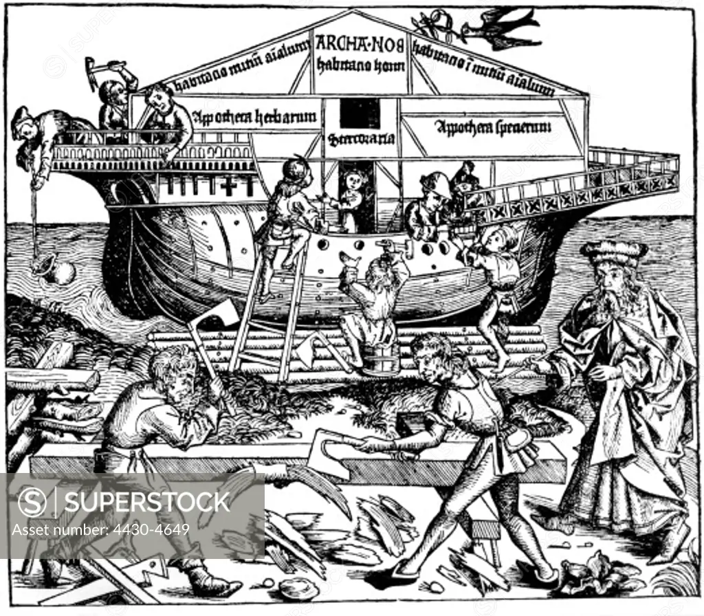religion biblical scenes Noah and his sons building the ark woodcut Nuremberg Chronicle Nuremberg 1493 illustrated by Wohlgemuth and Pleydenwurff,