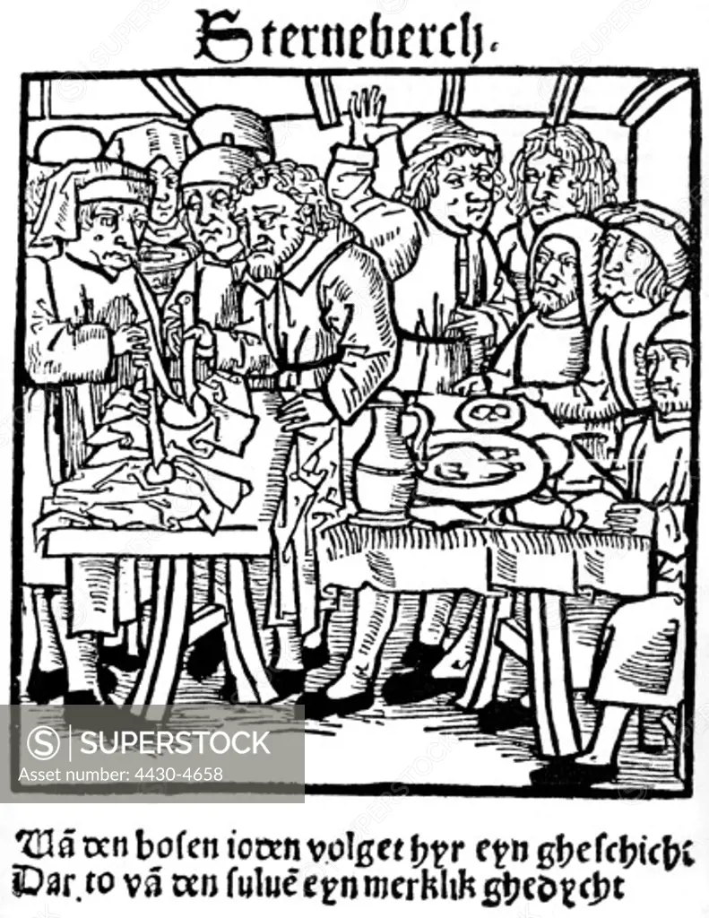 Judaism Jewry persecution of Jews anti Jewish propaganda alleged desecration of sacramental bread by Jews in Sternberg Meckenburg Germany woodcut by M. Brandis Luebeck 1492,