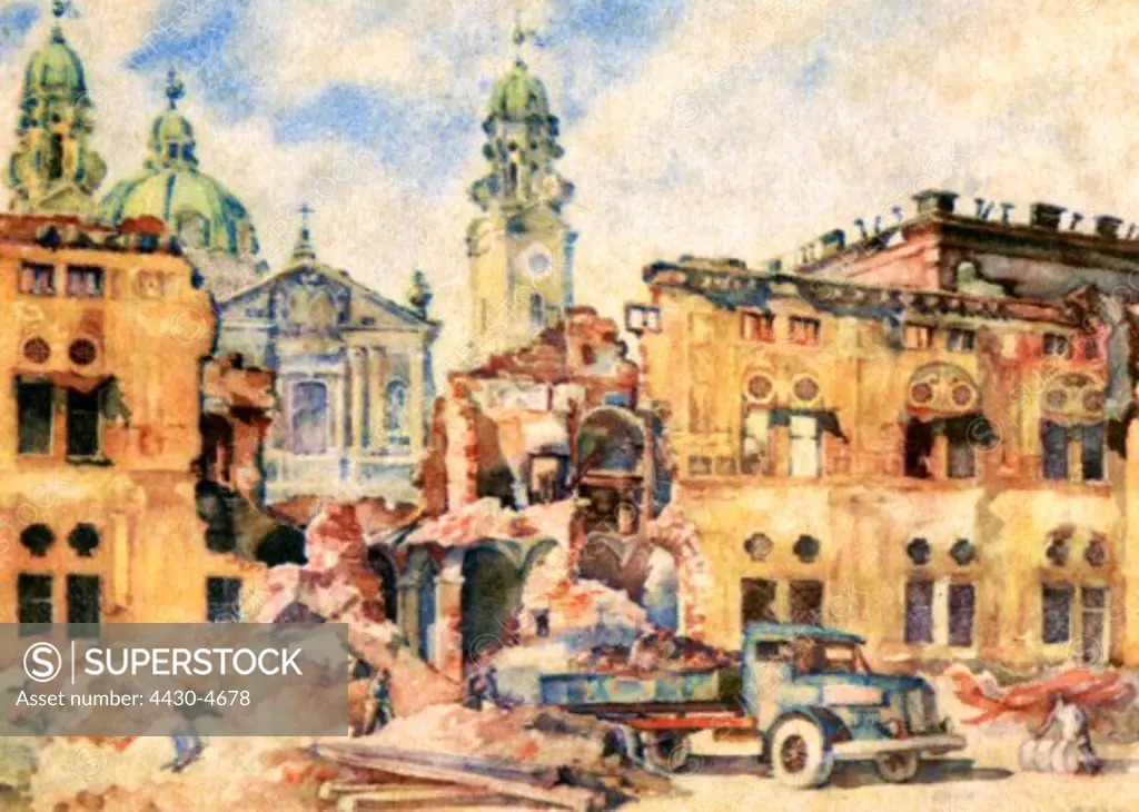 Germany Munich postwar period castle castles Residenz (Residence) Emperors Yard and Theatiner Church St. Kajetan (Theatinerkirche) exterior view destroyed: 1944 print after watercolour by Gebhard Reitz 1945 ARTIST'S COPYRIGHT MUST ALSO BE CLEARED,