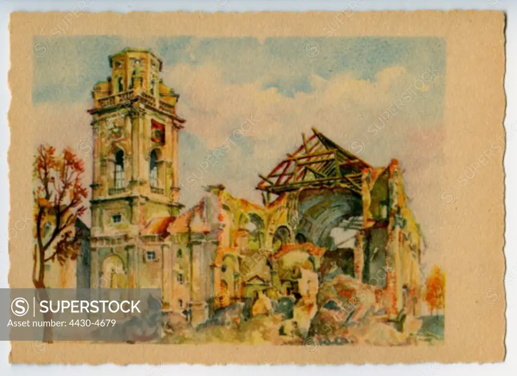 Germany Munich Saint Josephs Church exterior view postcard after watercolour by Gebhard Reitz 1946 ARTIST'S COPYRIGHT MUST ALSO BE CLEARED,