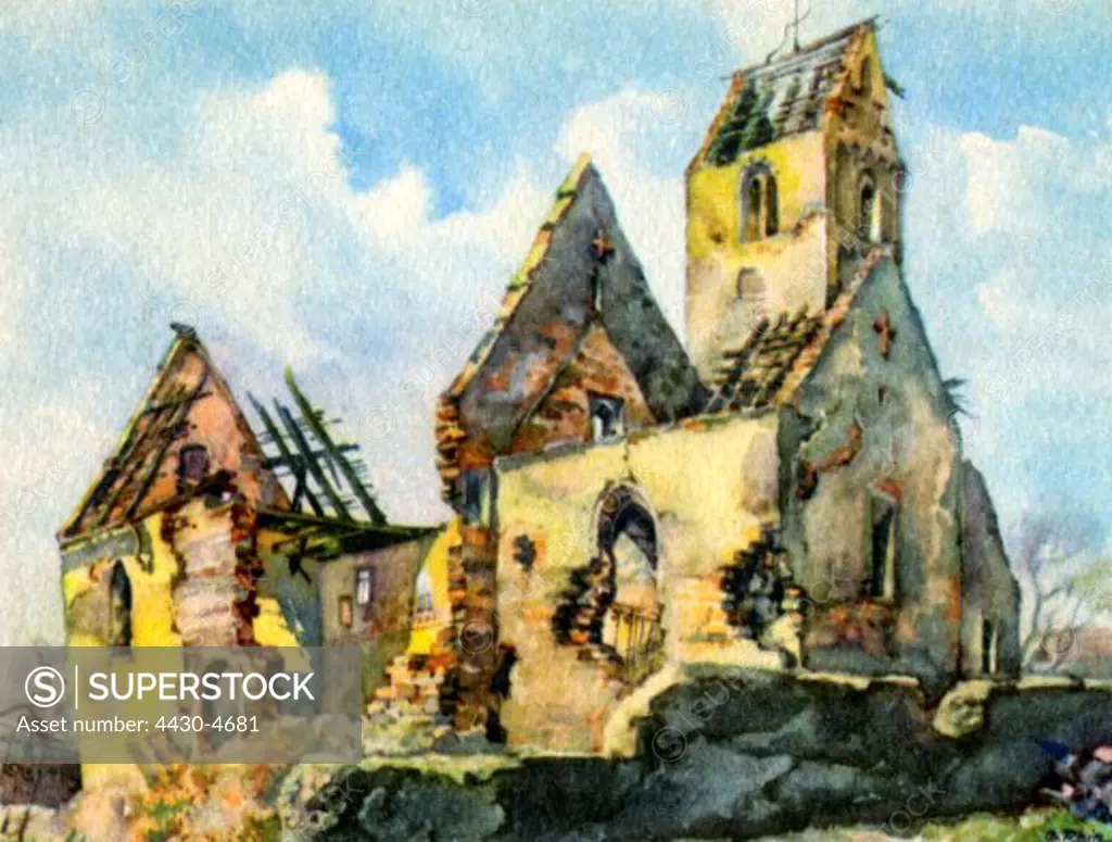 Germany Munich postwar period churches Old St. George-s church Milbertshofen exterior view destroyed: 1944 print after watercolour by Gebhard Reitz 1946 ARTIST'S COPYRIGHT MUST ALSO BE CLEARED,