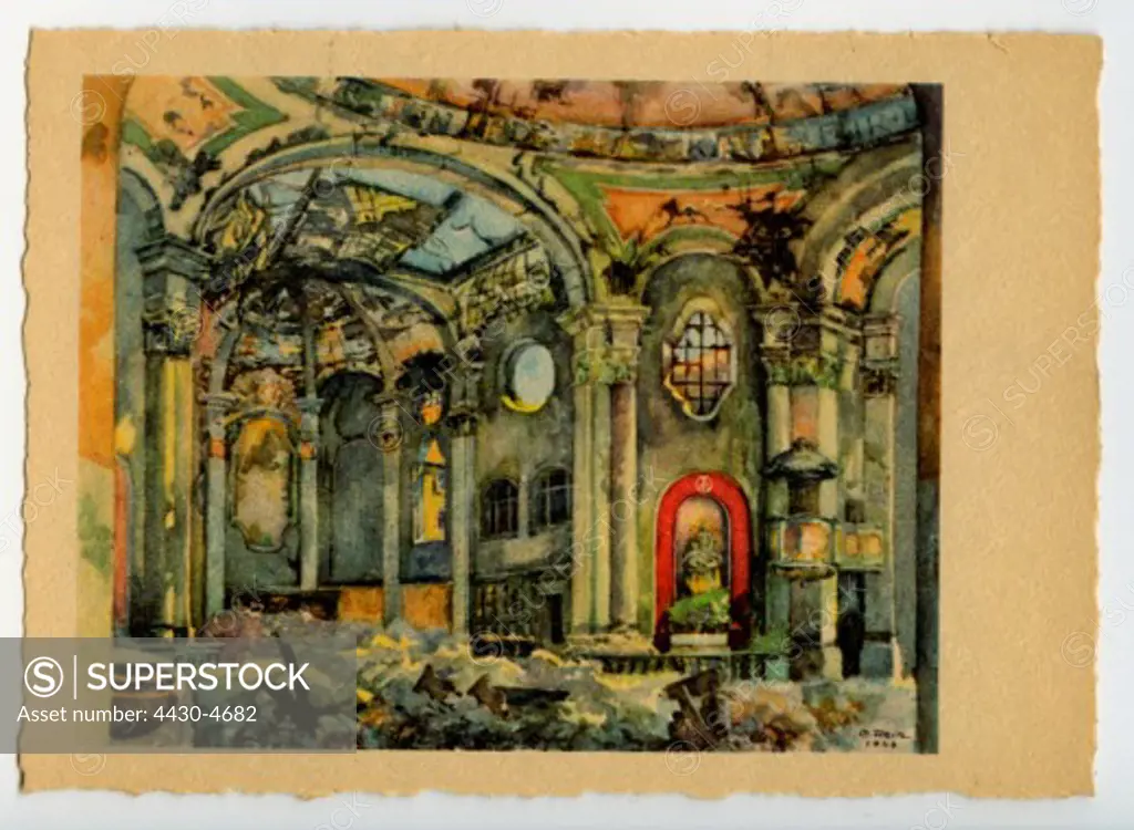 Germany Munich Saint Walfgang Church interior view postcard after watercolour by Gebhard Reitz 1946 ARTIST'S COPYRIGHT MUST ALSO BE CLEARED,
