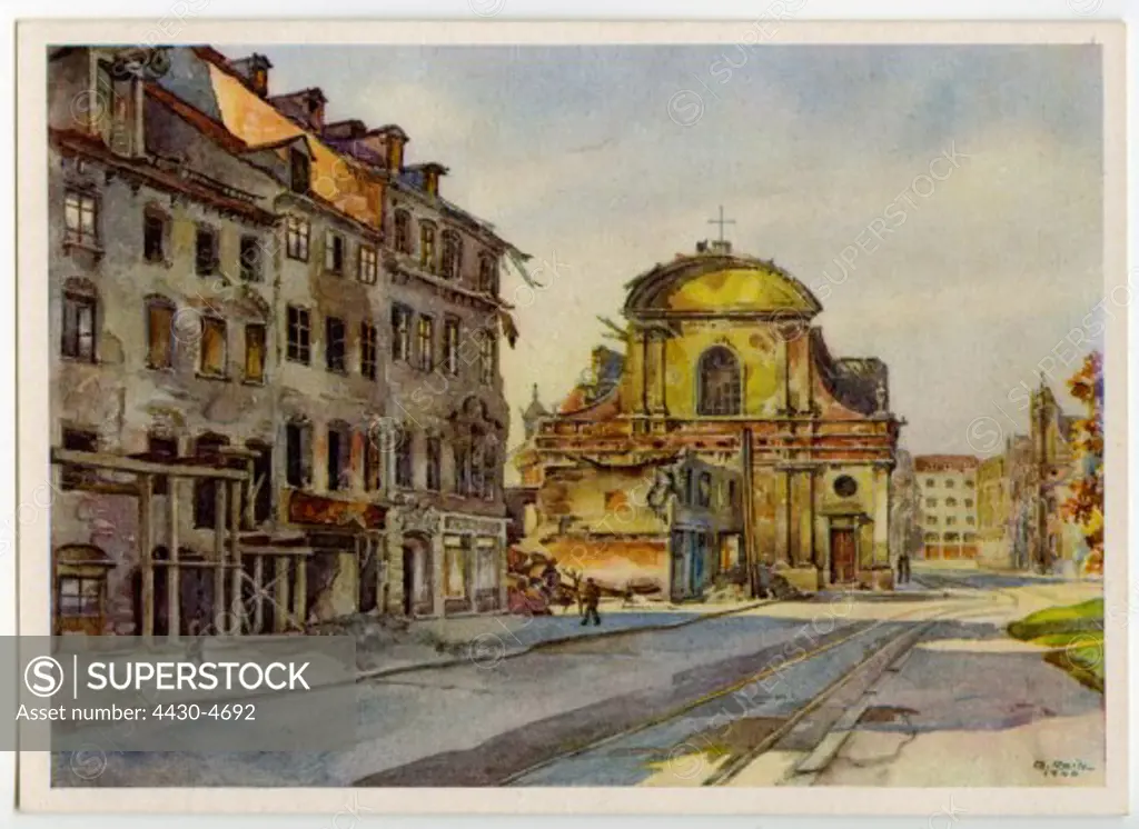 Germany Munich Promenadeplatz view postcard after watercolour by Gebhard Reitz 1946 ARTIST'S COPYRIGHT MUST ALSO BE CLEARED,