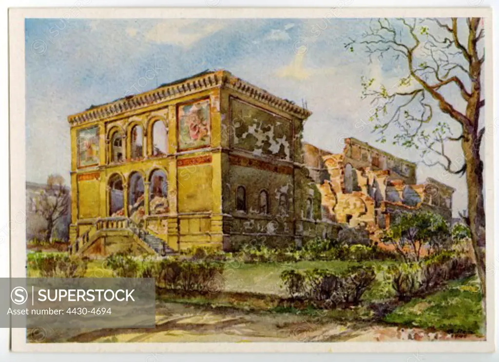 Germany Munich Neue Pinakothek exterior view postcard after watercolour by Gebhard Reitz 1946 ARTIST'S COPYRIGHT MUST ALSO BE CLEARED,