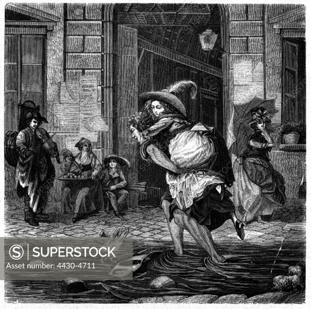 medicine hygienics dirt flooded streets in Paris during rain 18th century man carring woman across the street wood engraving 19th century,