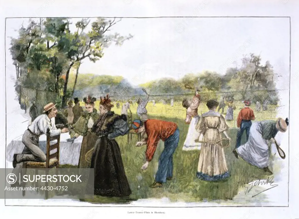 sports tennis tennis court at Homburg circa 1890 engraving after drawing by Fritz Gehrke leisure lawn people fashion Hesse Germany 19th century historic historical,