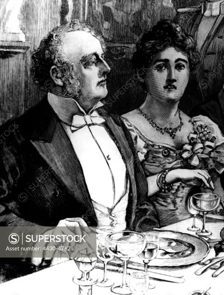 gastronomy meals couple in formal dresses at restaurant in front of place setting wood engraving 19th century,