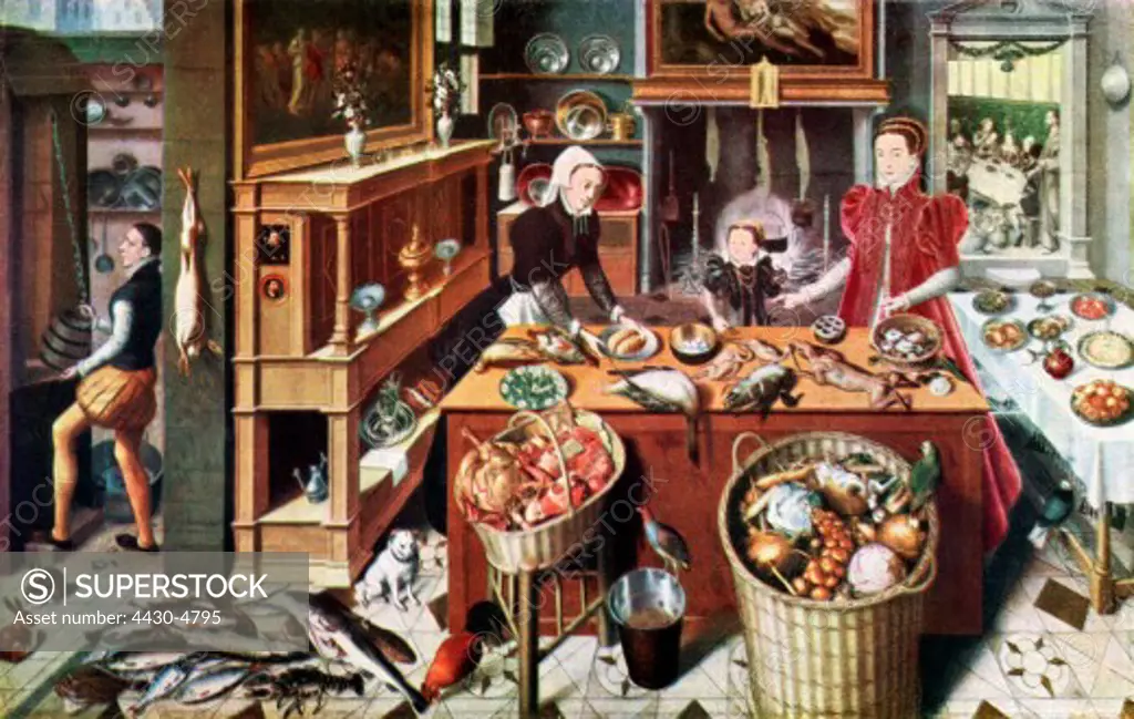 gastronomy kitchen kitchen and preparation room print after painting by Ludger tom Ring the Younger (1522 - 1584) middle of the 16th century,
