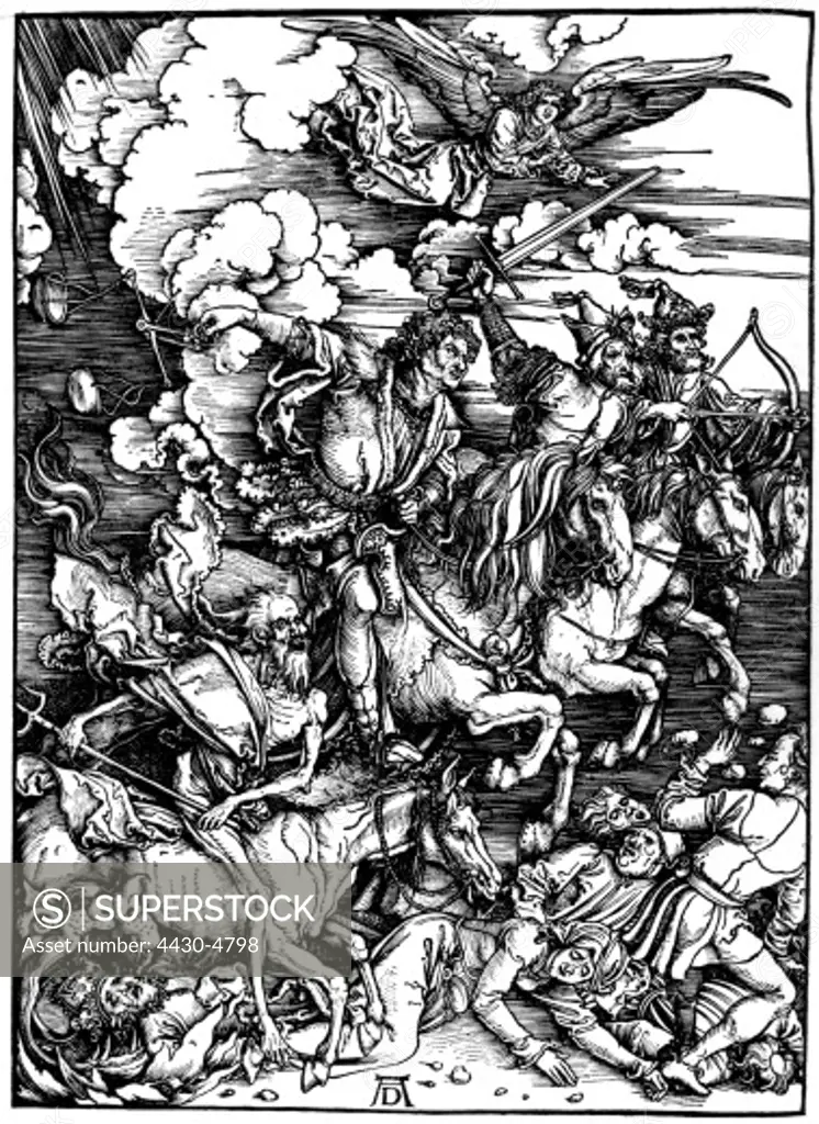 religion Apocalypse The Four Horsemen of the Apocalypse woodcut by Albrecht Duerer 1497/1498,