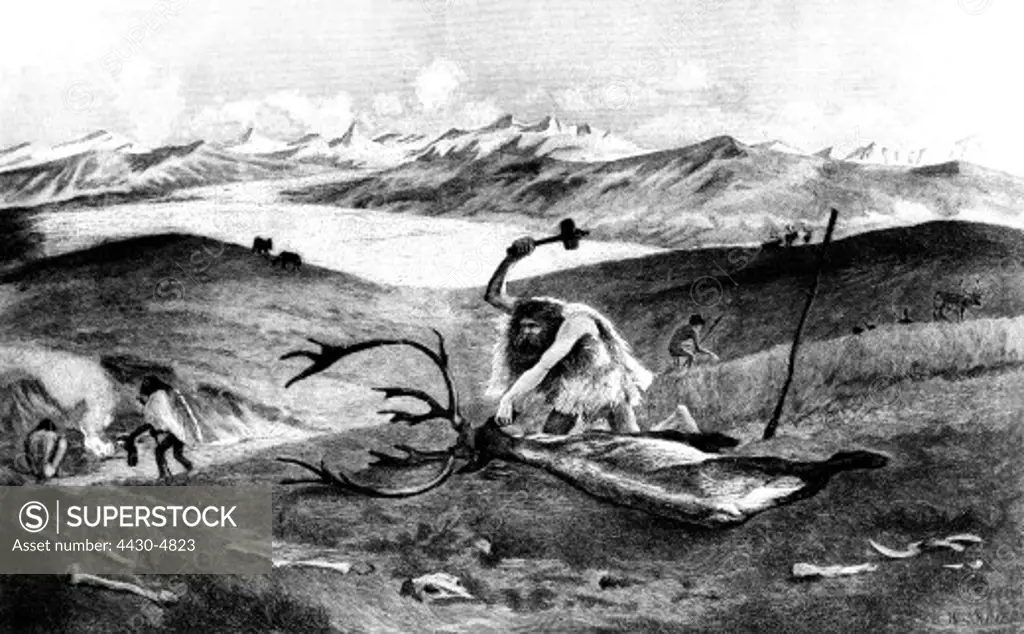 hunting prehistory reindeer hunt in the moraine landscape of Upper Swabia during the last Pleistocene after painting by W.Kranz wood engraving 19th century,