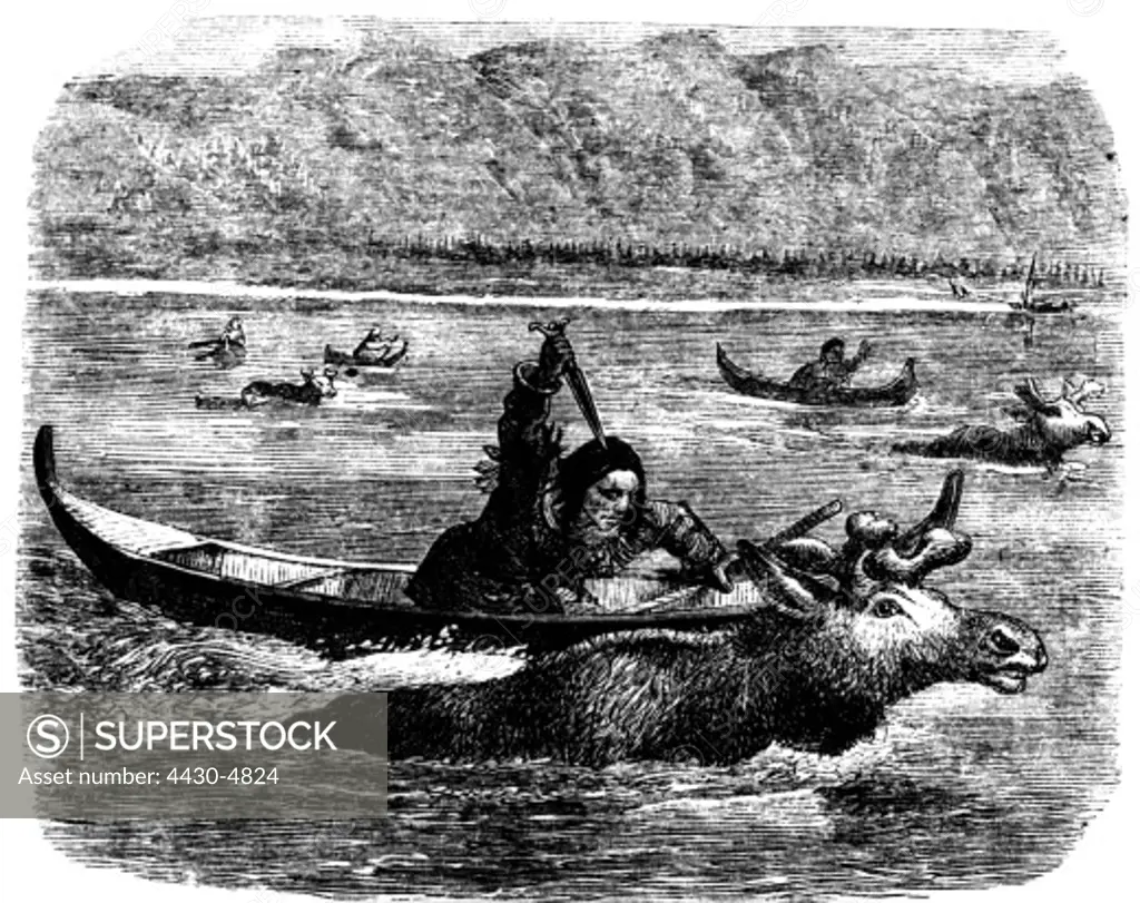 hunting moose North American Indians hunting mooses Yukon Alaska after drawing from: Frederick Whymper (1838 - 1901) ""Travel and Adventure in the Territory of Alaska"" 1868 wood engraving 19th century,