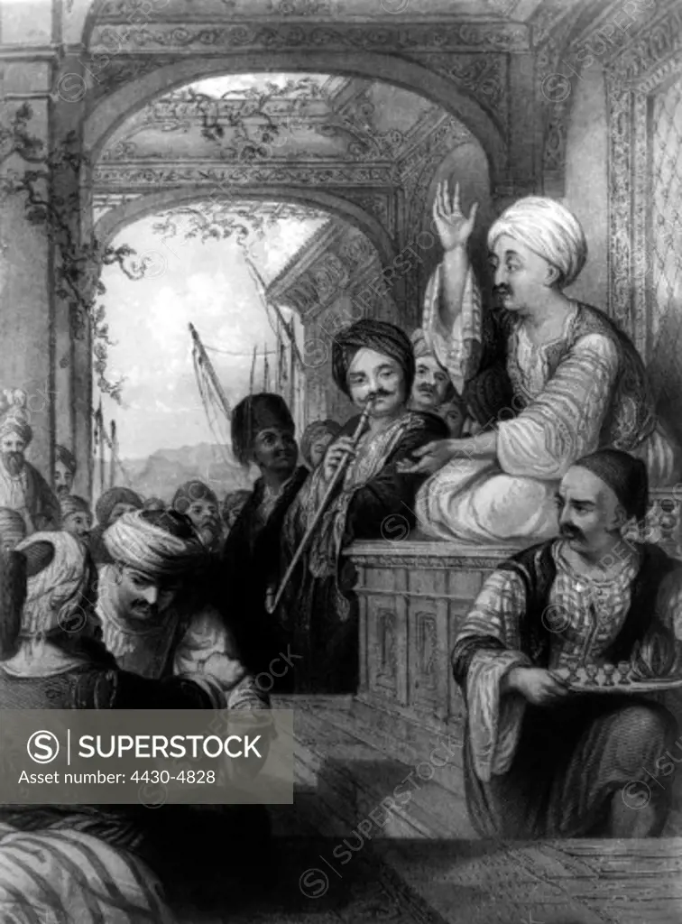 theatre audience Turkish men listen to a meddah (story teller) engraving 19th century,