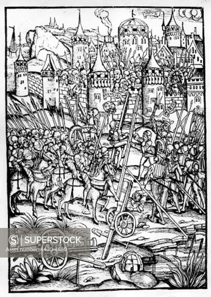 military Middle Ages mediaeval city under siege woodcut 1502,