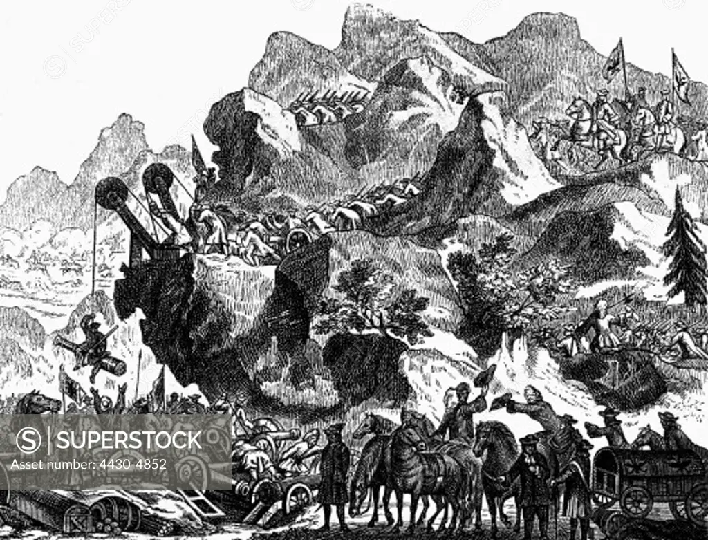 events War of the Spanish Succession 1701 - 1714 the Imperial army commanded by Prince Eugene of Savoy is crossing the Trentinian Alps into Italy 1701 copper engraving ""Theatrum Europaeum"" volume 16 publiched by Matthaeus Merian descendants Frankfurt am Main 1708,