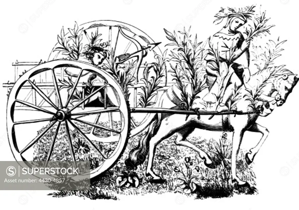 hunting two-wheeled hunting carriage with archer after miniature from: ""Phebus des deduiz de la chasse des bestes sauvaiges"" France 15th century wood engraving 19th century,