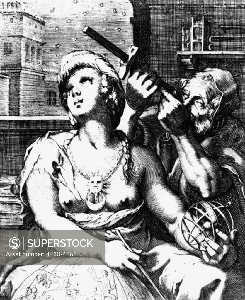 astronomy allegories Urania and astronomer copper engraving by Hendrick Goltzius 1590,