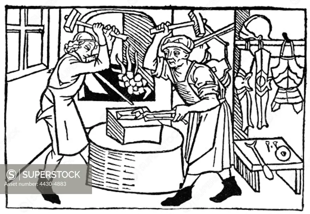 people professions armourer armourer's shop woodcut augsburg 1479,