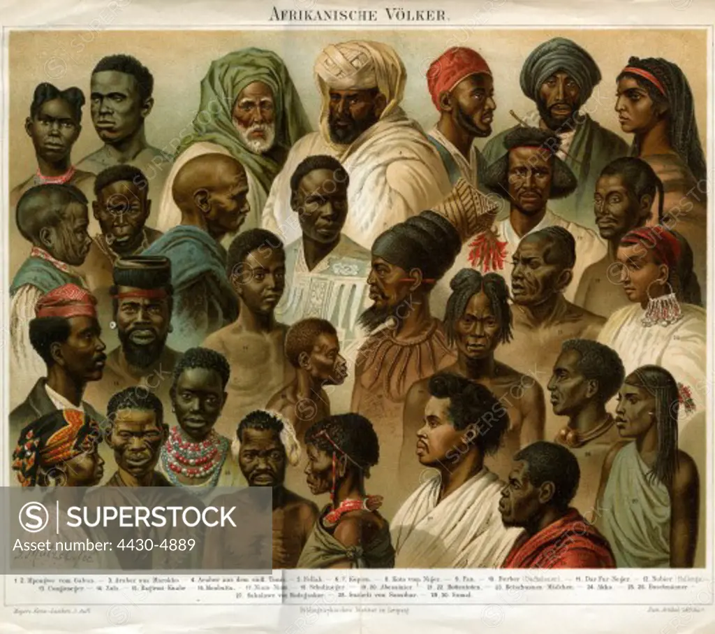 people ethnology Africa African people colour lithograph by G. M»tzel Meyers Encyclopedia 5th volume 1894,