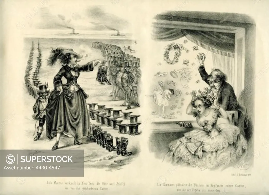 theatre satire ""Some foolery of the year 1953 Number 1"" left: Lola Montez selling in New York the hats and boots of her divorced husbands right: A husband is pillaging the fowers from his wife-s headgear to throw them to Pepita (Josefa de la Oliva) engraving by Kajetan Vienna Austria 19th century historic historical,