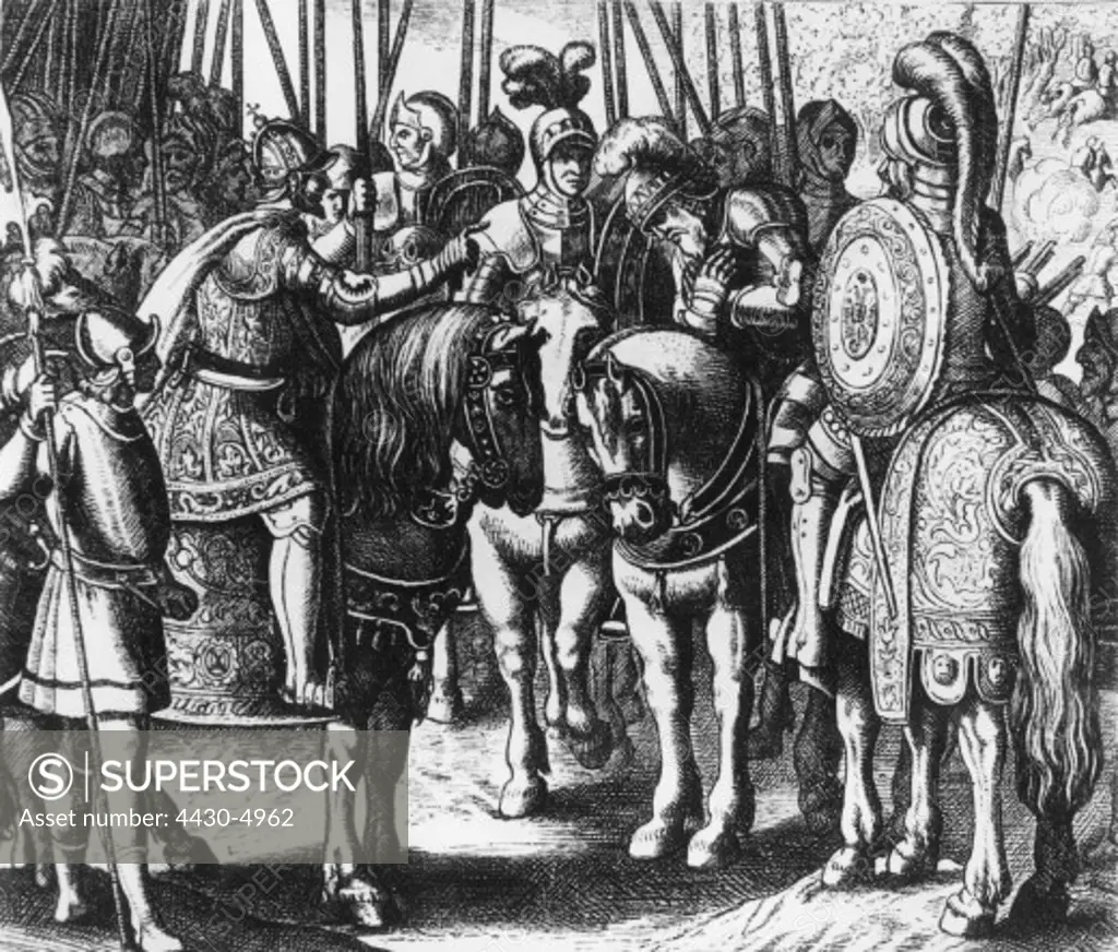 events Schmalkaldic War 1546 - 1547 Battele of Muehlberg 24.4.1547 elector John Frederick of Saxony surrendering before Emperor Charles V copper engraving by Mathaeus Merian 17th century,