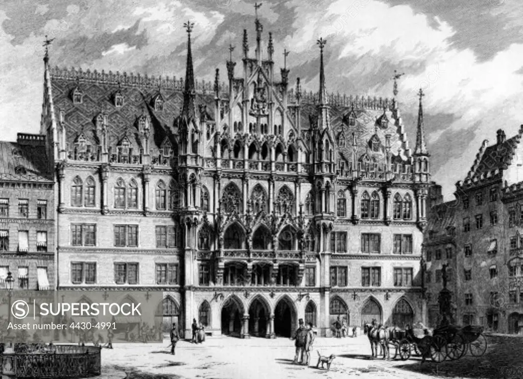 Germany Munich Marienplatz New Town Hall built 1867 - 1874 (1st section) architect: Georg von Hauberrisser exterior view wood engraving circa 1875,