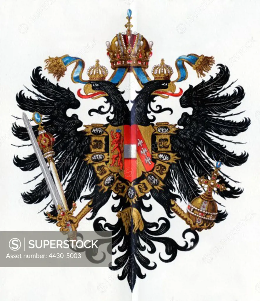heraldry coat of arms Austria-Hungary small imperial coat of arms colour lithograph Meyers Konversationslexikon 1908,