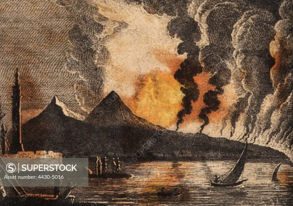 natural disaster catastrophe volcanic eruption Vesuvius 15.6.1794 contemporary copper engraving,