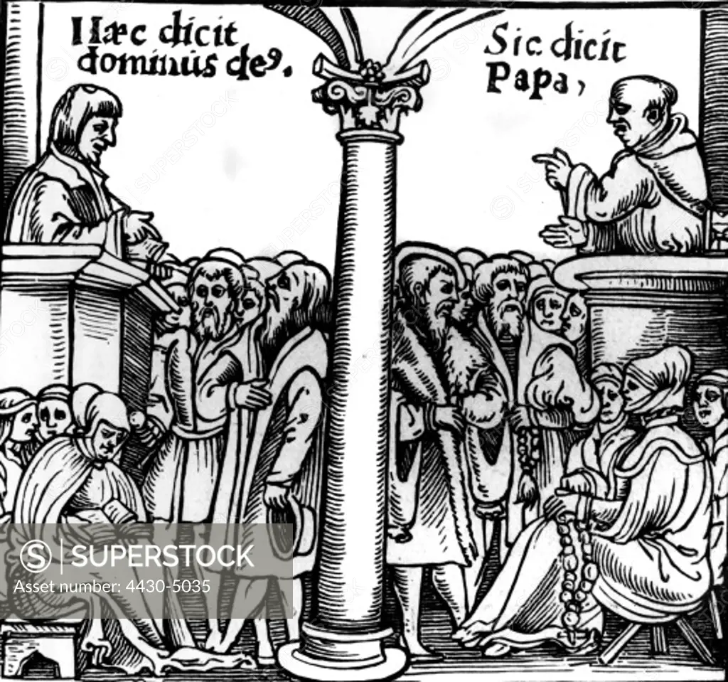 events reformation Protestant and Catholic priest preaching different things woodcut on a flyer by Hans Sachs (1494 - 1576),