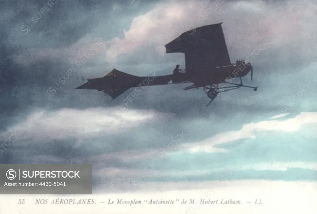 transport transportation aviation Hubert Latham's aircraft ""Antoinette VII"" picture postcard coloured 1909,