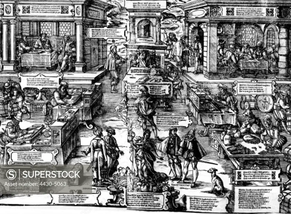 trade merchants and money changers woodcut by Jost Amman (circa 1539 - 1598) Germanisches Nationalmuseum Nuremberg,