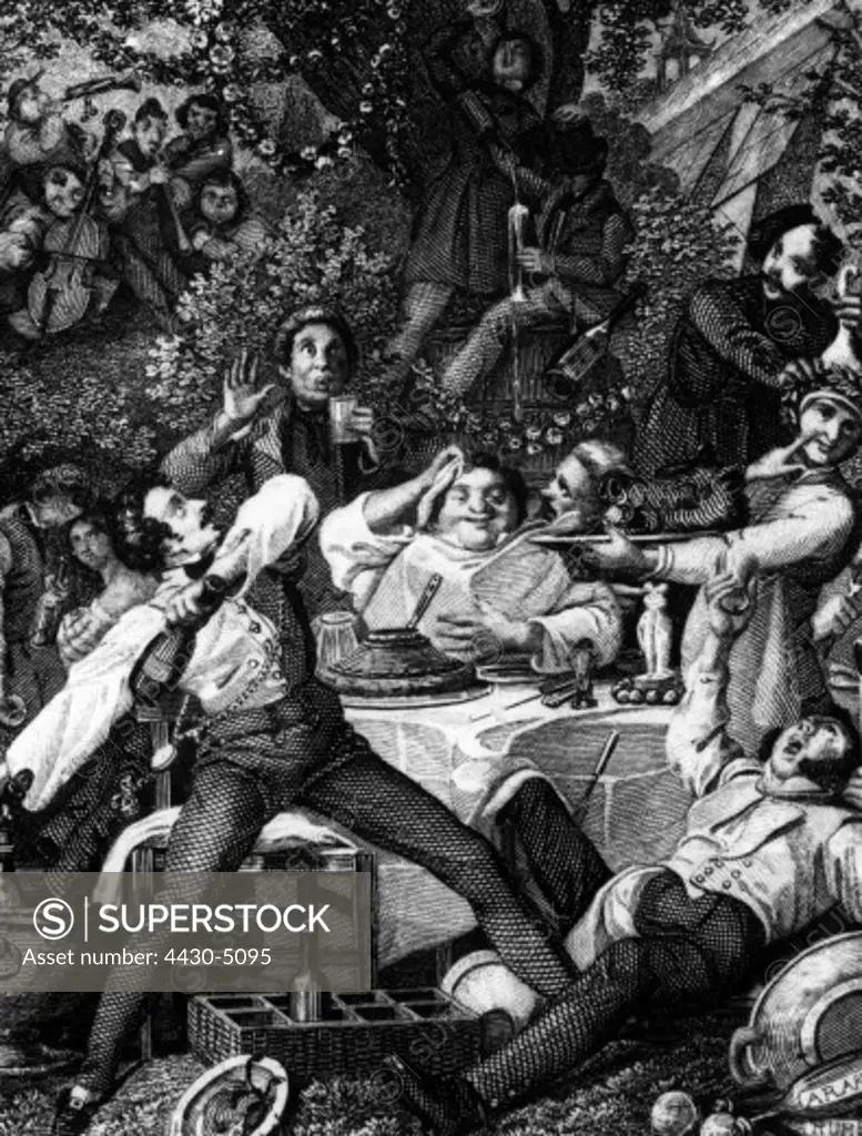 gastronomy meals outdoor revelry steel engraving first half of 19th century,