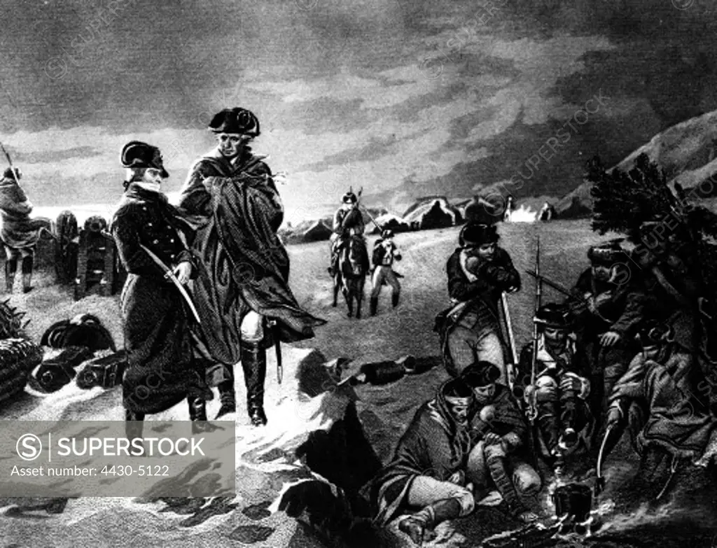 events American Revolutionary War 1775 - 1783 winter camp Continental Army at Valley Forge Pennsylvania 1777 1778 wood engraving 19th century,