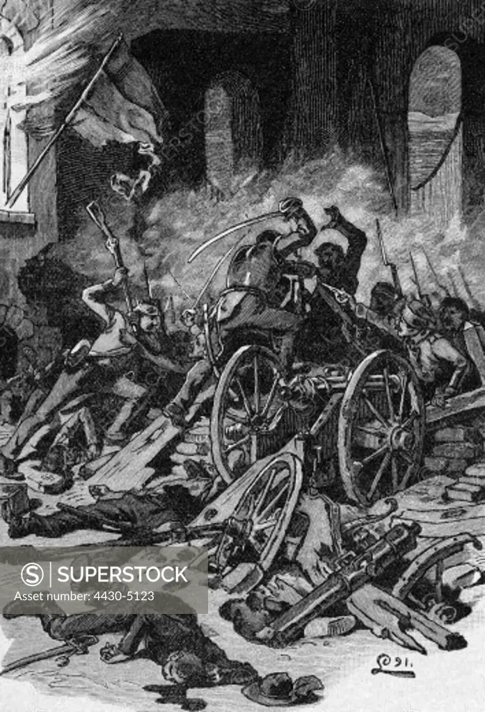 events revolutions 1848 - 1849 Austria Vienna October Uprising skirmish at Sophien Bridge 6.10.1848 wood engraving after drawing by Otto E. Jan 1891,