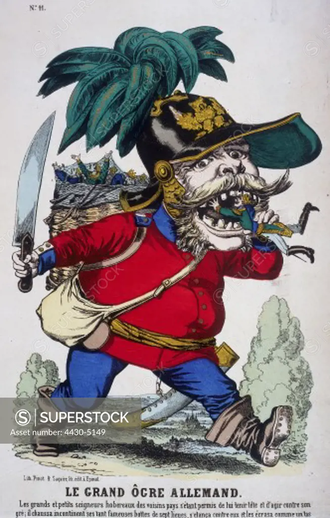 caricature politics ""Le Grand Ogre Allemand"" coloured lithograph Pinot and Saqaire Epinal France circa 1849,