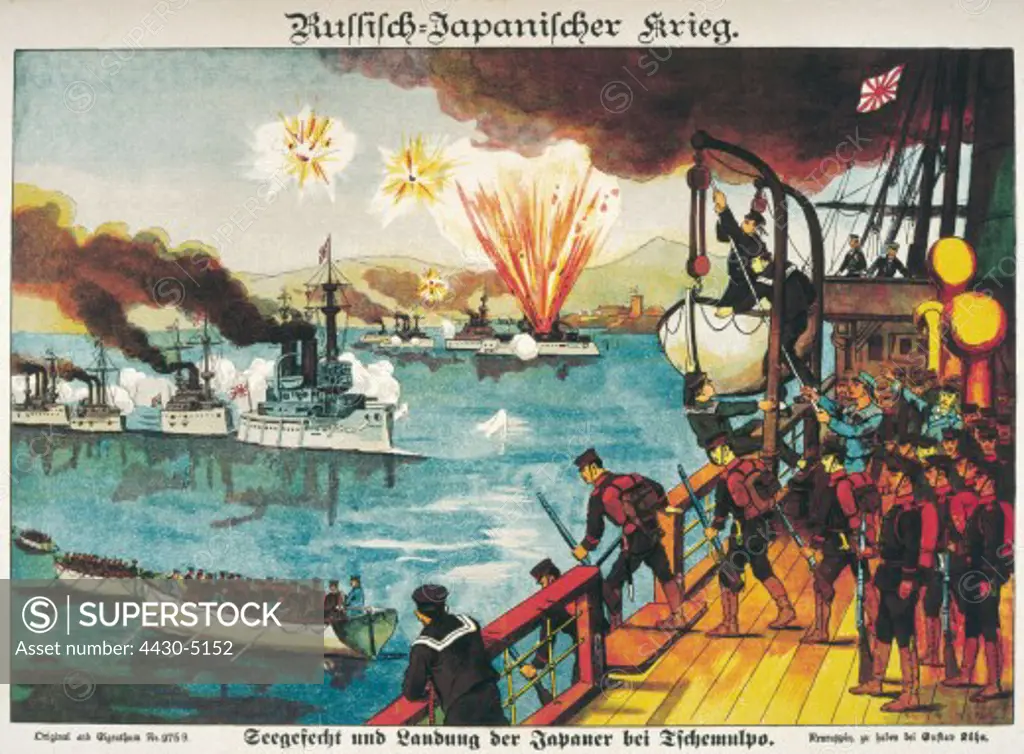 events Russo-Japanese War 1904 - 1905 naval battle and landing of the Japanese at Chelmupo 8.2.1904 engraving Neuruppin Russia Japan Korea Asia 20th century Russo,
