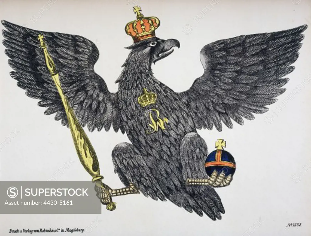 heraldry coat of arms Germany Prussia eagle monogram Frederick William coloured lithograph print: Robrahn und Co. Magdeburg,