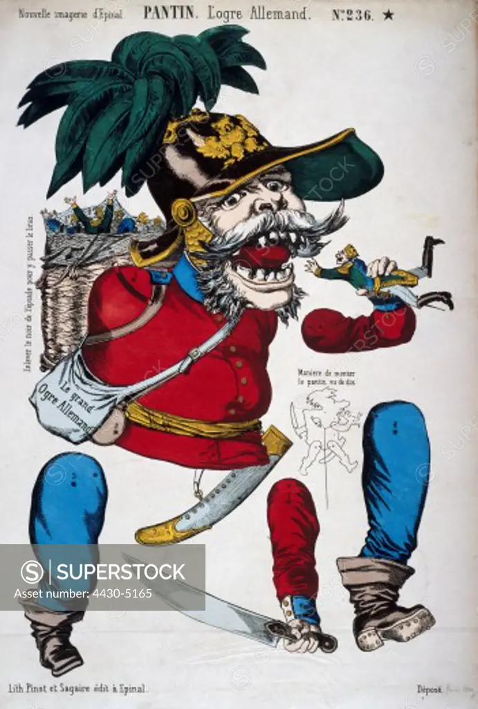 caricature politics ""Le Grand Ogre Allemand"" as jumping jack to cut out coloured lithograph Pinot and Saqaire Epinal France circa 1849,