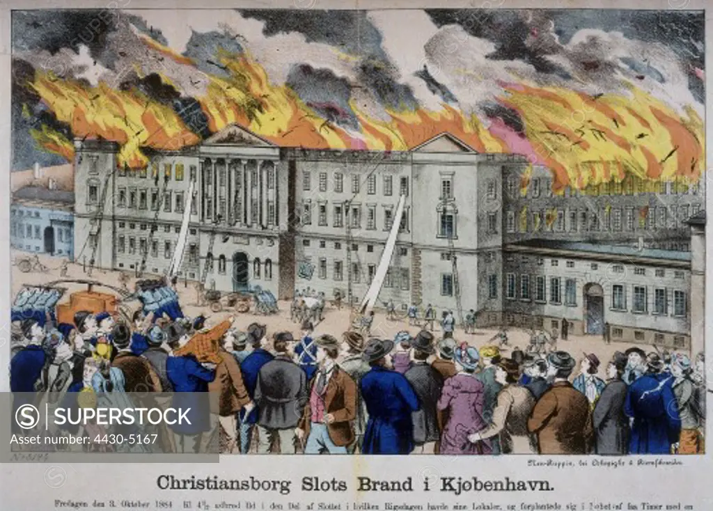 disasters fires fire of Christiansburg castle Copenhagen 3.10.1884 coloured lithograph print: Oehmigke und Riemschneider Neuruppin,