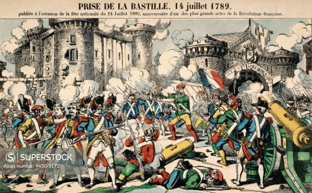 geography/travel France Revolution 1789 - 1799 Storm of the Bastille Paris 14.7.1789 History painting colored engraving 1880 French,