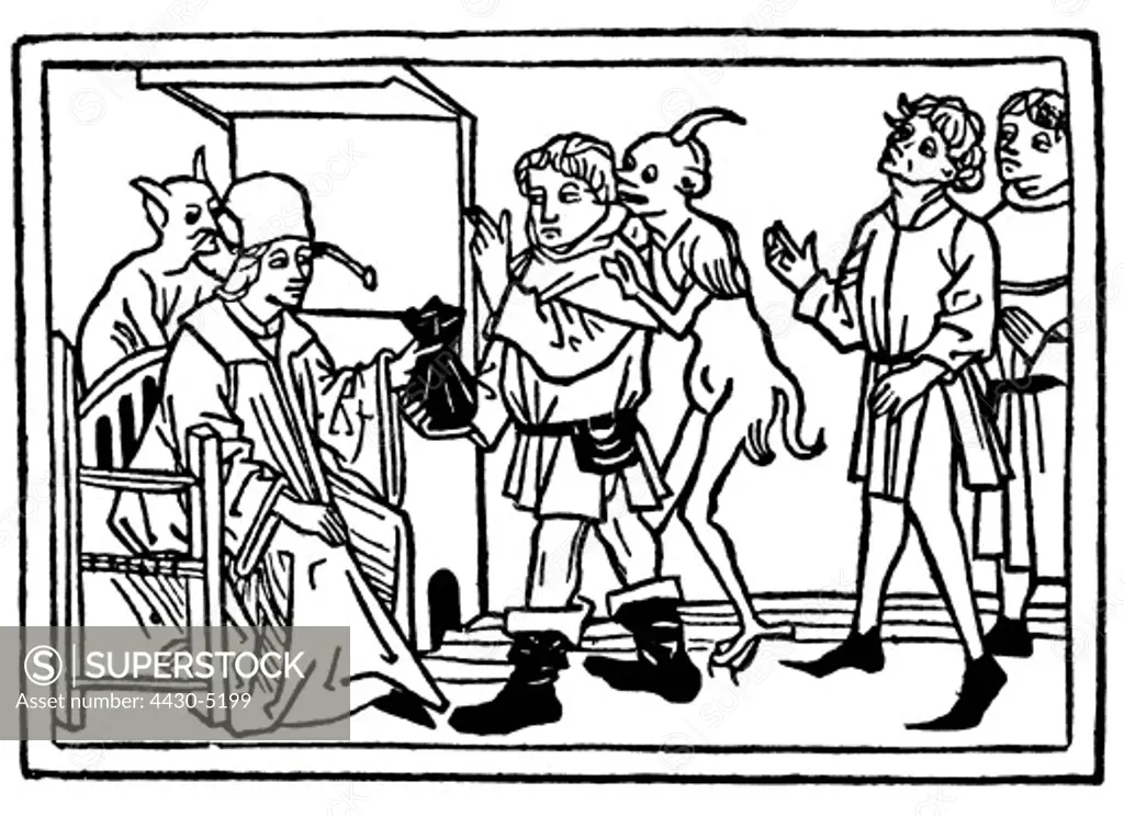 justice crime bribery civil law notary bribed with money woodcut from: Rodericus Zamorensis (1404 - 1470): ""Speculum Vitae Humanae"" print: J.B_mler Augsburg 1479,