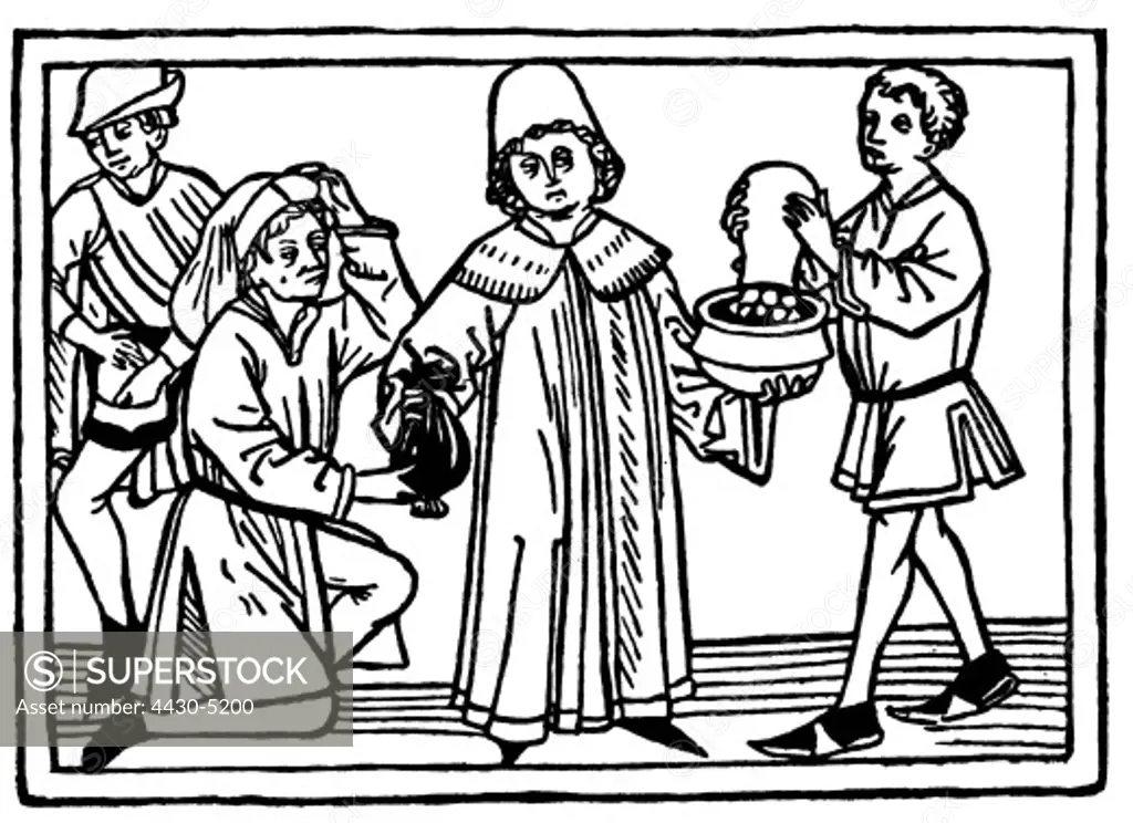 justice crime bribery lawyer bribed with money woodcut from: Rodericus Zamorensis (1404 - 1470): ""Speculum Vitae Humanae"" print: J.B_mler Augsburg 1479,