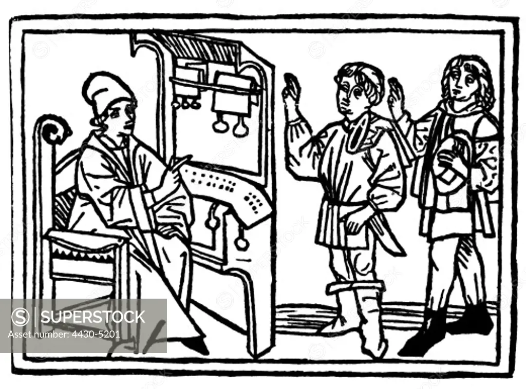 justice civil law notaries civil law notary engaging two clerks woodcut from: Rodericus Zamorensis (1404 - 1470): ""Speculum Vitae Humanae"" print: J.B_mler Augsburg 1479,