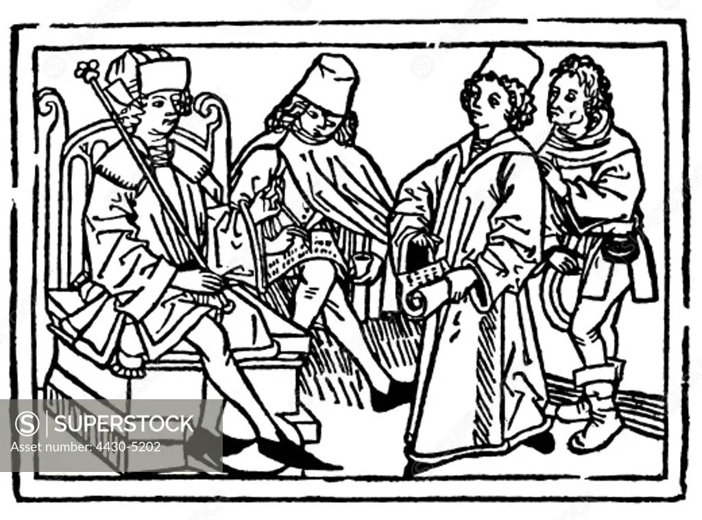justice judges civil law notary and lawyer in front of the judge woodcut from: Rodericus Zamorensis (1404 - 1470): ""Speculum Vitae Humanae"" print: J.B_mler Augsburg 1479,