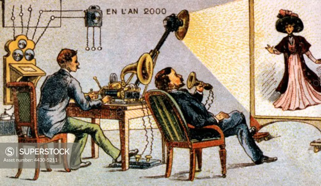 future vision ""In the year 2000"" television-phone colour lithograph France 1910,