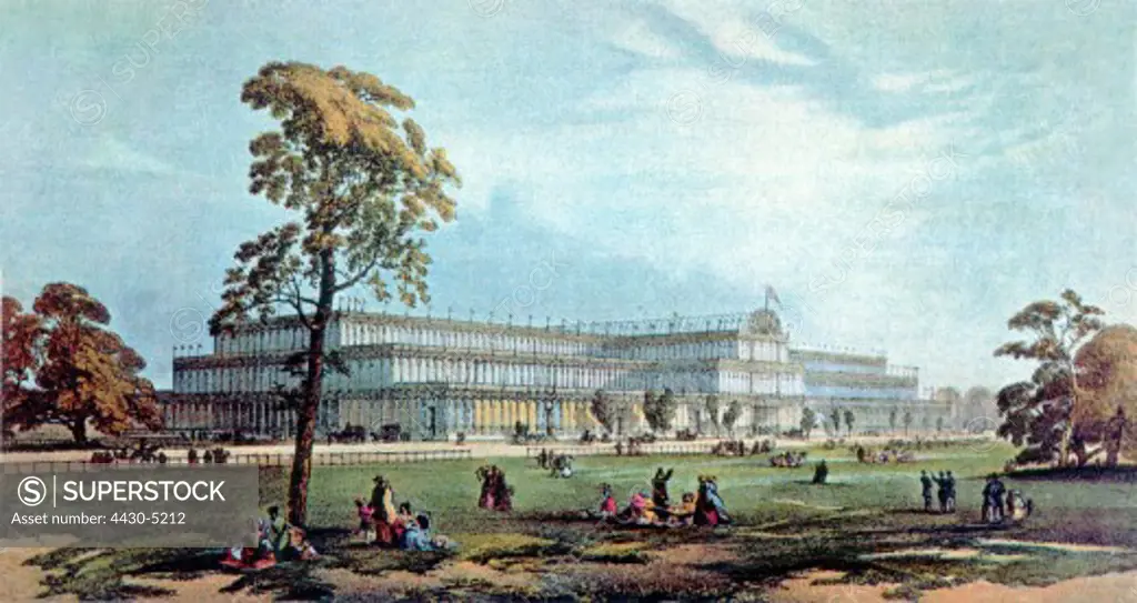 exhibition world exhibition London 1.5. - 18.10.1851 first world exhibition crystal palace built 1850/1851 after plan by Joseph Paxton in Hyde Park exterior view coloured lithograph by Dickinson,